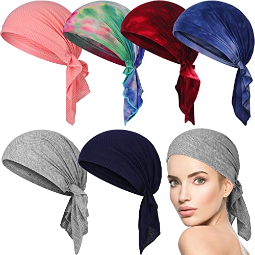 Geyoga 6 Pcs Women Head Scarf Pre-Tied Head Scarves Beanies Covers Cap Stretch Print Sleep Turban Hat Ruffle Beanie Scarf, Mixed Colors, as the picture shown