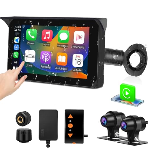 VSYSTO Wireless Carplay Motorcycle Dash Camera with 5" Touchscreen, GPS Navigation, WiFi 1080P SONYIMX307 Front and Rear Camera, Parking Monitoring, Tire Pressure Sensors, Temperature Display(CS5 Pro)