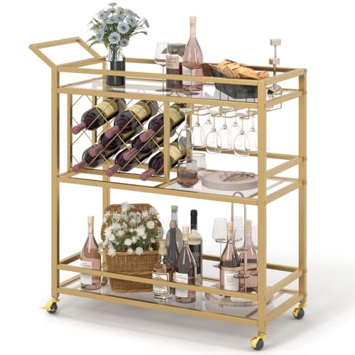 FATORRI Bar Cart Gold, Home Bar Serving Cart with Wine Rack and Glasses Holder, Wine Carts on Wheels with 3 Tier Mirrored Shelves for Liquor and Beverage (Gold)