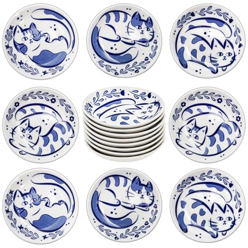 Mezchi Set of 8 Dipping Bowls, 4 Inch Ceramic Cat Design Soy Sauce Dish, 3 Oz Small Serving Bowls, Appetizer Plates for Side Dishes, Sushi, Condiments, Blue and White, Microwave & Dishwasher Safe