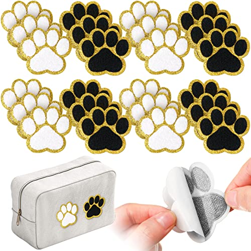 Jexine 24 Pieces Self Adhesive Paw Print Patch Chenille Dog Cat Paw Print Iron on Patches Embroidery Sticker Patches for Clothing Backpacks Jeans Hats Animal Party(White, Black with Gold Edge)