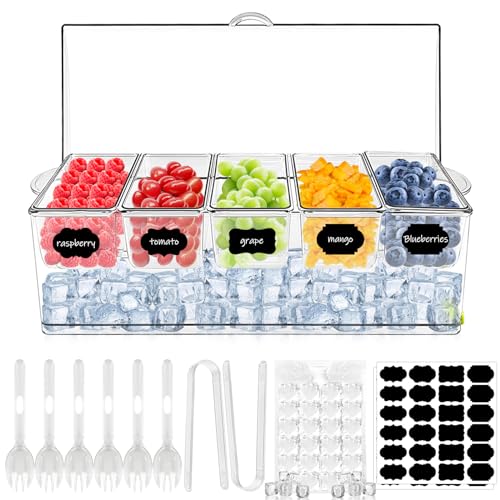 Ice Chilled Condiment Server Caddy, Bar Fruit Caddy with Lid and 5 Removable Compartments, Plastic Storage Food Container Clear Ice Condiment Serving Tray Container for Party, Toppings Bar Container