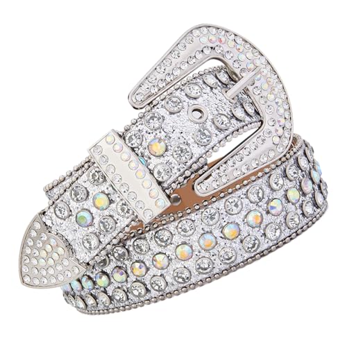 Yanyun Studded Rhinestone Belts For Men Women Luxury BB Belt Y2K Bling Design Leather Shiny Diamond Festivals Gifts Belt (Bringht silver, L:fits pants size 37"-40")