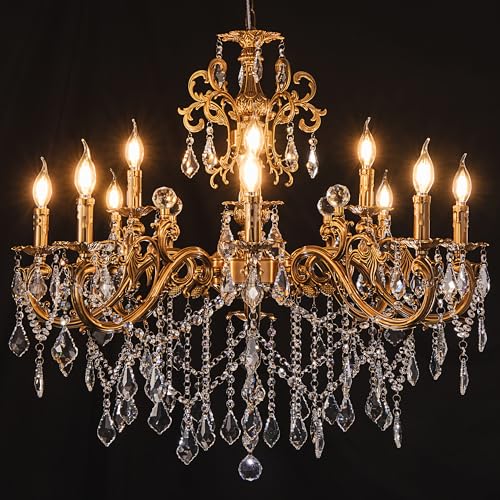 Wellmet Crystal Chandeliers Light Fixture, Luxury Maria Theresa Chandeliers for Dining Room, 12 Lights Gold Chandelier Pendant Ceiling Chandelier for Living Room Bedroom Staircase, D 35.9", Brass