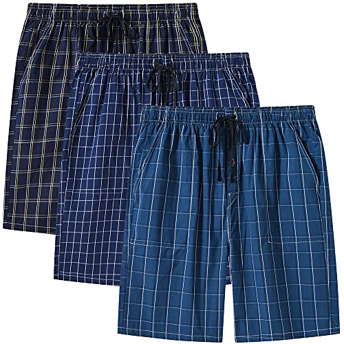 MoFiz Mens Pajama Shorts Woven Plaid Shorts Lounge Summer Short Cotton 3-Pack Size L