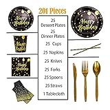 TabreMstr 201 Pieces Gold Disposable Party Dinnerware Set &Golden Dot Birthday Black Paper Plates Napkins Cups, Gold Plastic Forks Knives Spoons (25 Guests)