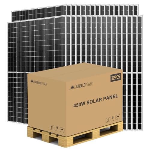 SUNGOLDPOWER 450W 32PCS Monocrystalline Solar Panel UL 61730 11BB Grade A Cell,Black,High Efficiency,IP68 Waterproof for RV,Home,Farms,Parking Lot,Marine,on/Off-Grid System (14400W)