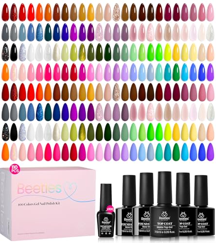 Beetles 100 Colors Gel Nail Polish Set, 110 PCS Summer Polish Kit Pink Blue Orange Purple Neon Gel Polish with 5Pcs Base Top Coat All Season Soak off UV Gel for Manicure DIY Gifts for Women