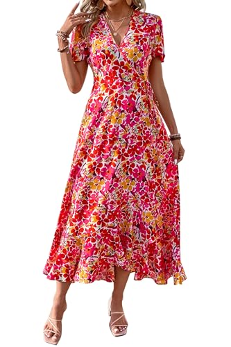 PRETTYGARDEN Women's Summer Wrap Maxi Dress Casual Boho Floral V Neck Short Sleeve Ruffle Hem Split Beach Long Dresses (Pink Yellow Floral,Medium)