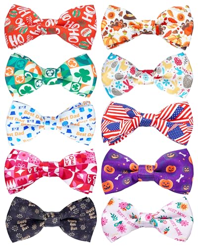 PET SHOW 10 Pack Holiday Small Dog Bow Ties Sliding Collar Attachments Puppy Cats Festival Patterns Bowties for Medium Dogs Classy Bowknots Party Wedding Pet Grooming Accessories(Small)