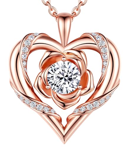Beam & Bask Rose Flower Heart Moissanite Necklaces for Wife, S925 Silver Pendant for Women, 18K Rose Gold Plated Jewelry for Her Girlfriend Mom for Anniversary Birthday