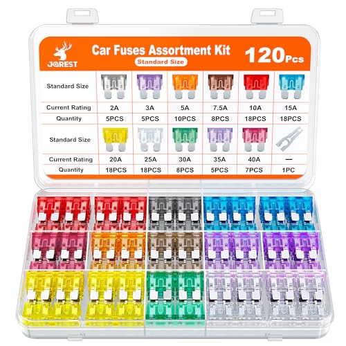 JOREST 120Pcs Standard Fuse Kit, Car Fuses Assortment Kit,Blade Fuses Automotive for RV Vehicle Motorcycle (2Amp 3A 5A 7.5A 10A 15A 20A 25A 30A 35A 40A) + Auto Fuse Puller