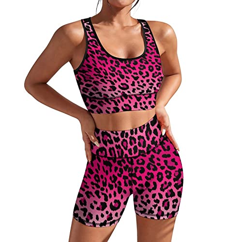 AuHomea Pink Leopard Print Workout Set Outfit High Waist Shorts with Yoga Sport Bra Gym Clothes Size M for Women Girls 2 Piece