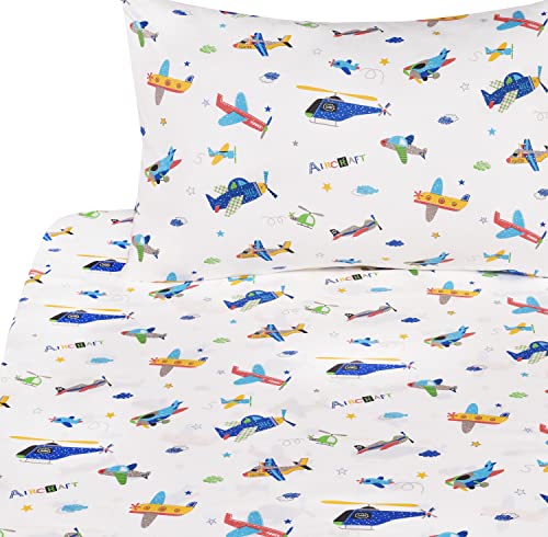 J-pinno Plane Airplane Aircraft Helicopter Cartoon Twin Sheet Set Bedroom Decoration Gift 100% Cotton Flat Sheet + Fitted Sheet + Pillowcase Bedding Set for Unisex Boys Girls (Airplane, Twin)