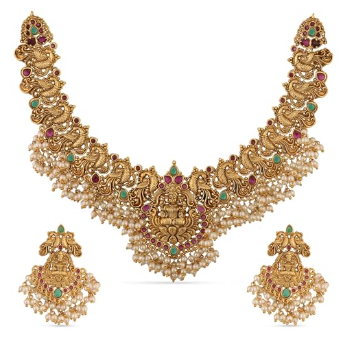 TARINIKA Antique Gold Plated Cira Short Necklace Set with Floral Design - Indian Jewelry Sets for Women | Perfect for Ethnic Occasions | Traditional South Indian Necklace | 1 Year Warranty* (Green Red)