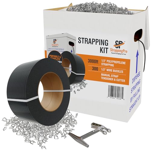 StrappingPro - Portable Strapping Kit with 3000 Feet of 1/2" Plastic Poly Strapping, 300 Steel Banding 1/2" Clip Seals, Hand Tensioner & Strap Cutting Tool - Lightweight Shipping Banding Strapping Kit
