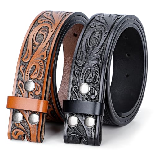SANSTHS 2 Pack Western Belts for Men without Buckle, Cowboy Belt for Buckle Western Leather Belt Straps for Jeans, Black & Brown