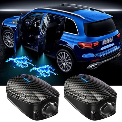 SPOBODY Custom Car Door Lights Projector Customized Logo Car Door Lights LED HD Welcome Light Shadow Ghost Lights Fit for All Cars (F2-Carbon Fibre Blue Horse, 2)