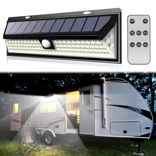 CCBASEBALL Solar RV Porch Light, 118 LED Motorhome Motion Sensor RV Exterior Lights with Remote Control, Waterproof Camper Outdoor Lights for Motorhome Travel,Travel Trailers, Camper, Food Trucks