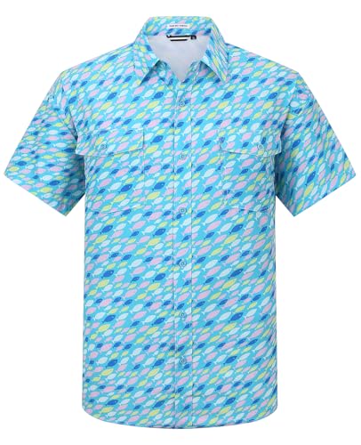 Hawaiian Shirt for Men Button Down Short Sleeve Fish Print Collared UPF 50+ Sun Protection Fishing Beach Travel Hinking Shirts with Pocket Blue Fish L