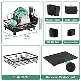 MOUKABAL Dish Drying Rack, Dish Rack, Stainless Steel Dish Racks for Kitchen Counter, Dish Drainer with Removable Utensil Holder, Drainboard (Black)