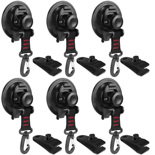 Vashly Heavy Duty Suction Cup 6 Pcs Strong Suction Cups with Hooks and 6 Pcs Tarp Clips Deavy Duty Lock Grip for Car Awning Boat Camping