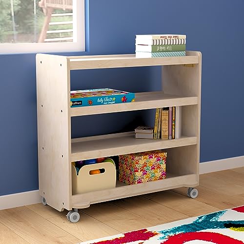 Classroom Essentials Commercial Grade Space Saving 4 Shelf Wooden Mobile Classroom Storage Cart with Locking Caster Wheels, Kid Friendly Design, Natural