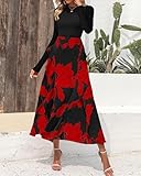 BTFBM Womens Floral Maxi Dress 2025 Spring Fall Casual Crewneck Long Sleeve Ruffle Flowy Cocktail Wedding Guest Dresses(Big Floral Red, X-Large)