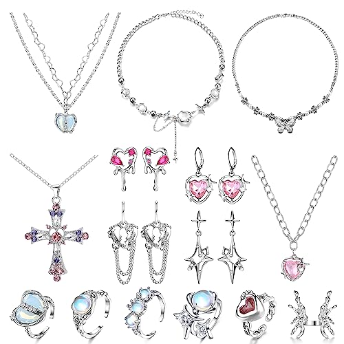 Subiceto 15Pcs Y2k Star Moonstone Necklace Earrings and Rings for Women Butterfly Heart Jewelry Set, Stainless Steel, Moonstone