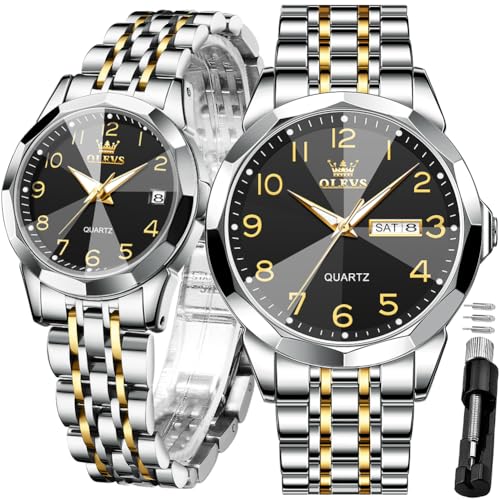 OLEVS Wedding Couple Watches Men and Women Gift Set Luminous Calendar Business Dress Luxury Gold His and Hers Wristwatch Waterproof Matching Watch Couples Lovers Romantic Wrist Watches