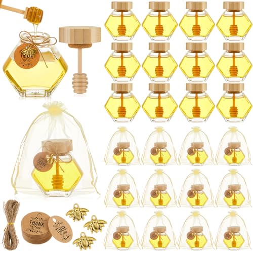 Pickmesh 12 Pcs Hexagonal Glass Honey Jars with Spoon, 3.38 oz Honey Dispenser with Wooden Spoon Bee Charm Thank You Card Organza Bag Mini glass Jars for Baby Shower Wedding Party Favor Decorations