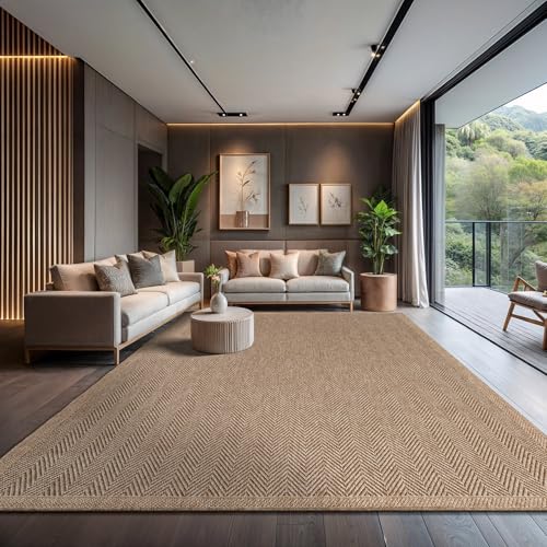 CAMILSON Easy Jute Rug 9x12, Indoor Outdoor Natural Color Fiber Area Rugs for Living Room and Patio Rug Herringbone Seagrass Boho Woven Design Easy-Cleaning Washable Outside Carpet Alfombras 9 x 12