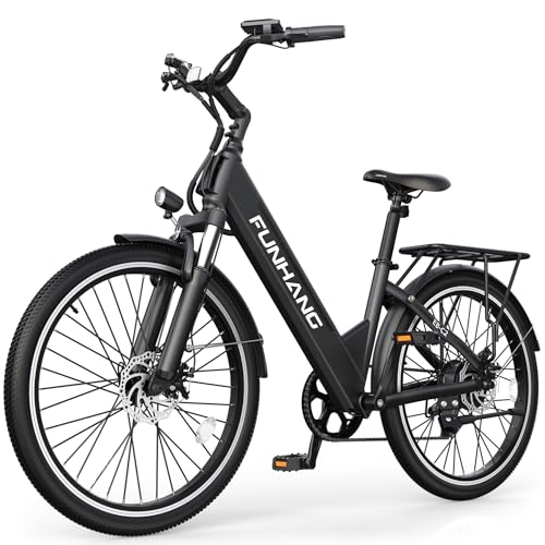 Funhang Electric Bike for Adults, 1000W Peak EBike, 50 Miles 21.7MPH Adult Electric Bicycles with 48V Built-in Removable Battery, Adjustable Stem, Rear Rack, 7 Speed, 26" Step-Thru E Bike for Commute