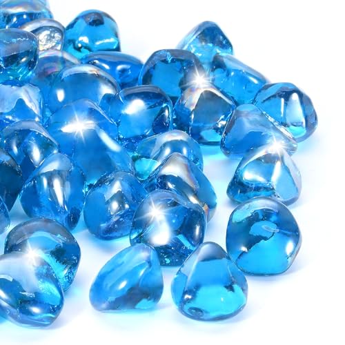 vchin Caribbean Blue Firepit Glass Rocks 20 Pounds, 1 Inch Diamond Fire Stones for Propane Fire Pit, Fireplace and Outdoor Decorative, High Luster Glass Beads