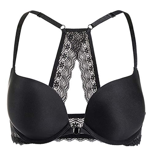 DOBREVA Women's Push Up Bra Racerback Front Closure Bras Plunge Underwire Tshirt Padded Lace Black 34C
