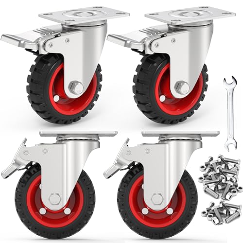 Homhoo 4" Swivel Caster Wheels with Safety Dual Locking and Rubber Tire Wheels, Heavy Duty - 300 Lbs Per Caster for Workbench, Cart, Trolley, Dolly, Cabinet, Compact Rubber Castor Wheels, 4-Packs
