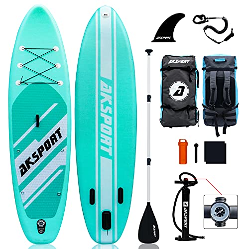 AKSPORT 10'6"×32"×6" Inflatable Stand Up Paddle Board with Premium Non-Slip Deck,Travel Backpack,Adjustable Paddle,Pump,Leash for Youth & Adult Ultra-Light Surfing SUP Boards Mint Green