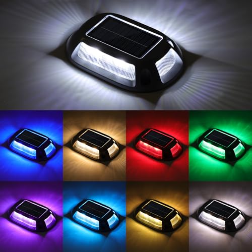 VOLISUN Solar Driveway Lights Dock Deck Lights 4 Pack,9 Colors in 1 Led IP67 Waterproof Outdoor Warning Step Lights for Driveway Sidewalk Pathway RGB