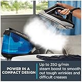 Rowenta Compact Stainless Steel Soleplate Professional Steam Station for Clothes, 57 Ounce Removable Tank, Lightweight, Compact 1500 Watts Iron, Fabric Steamer, Garment Steamer Black and Blue, VR8324.