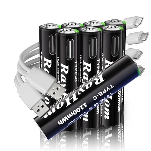 RayHom USB Rechargeable Lithium Batteries AAA - 8-Pack Triple A Batteries, Rechargeable AAA Li-ion Battery with 2 USB-C 2-in-1 Charging Cable, 1.5V 1100mWh, Charges 1.5 Hours, Over 1000+ Cycles