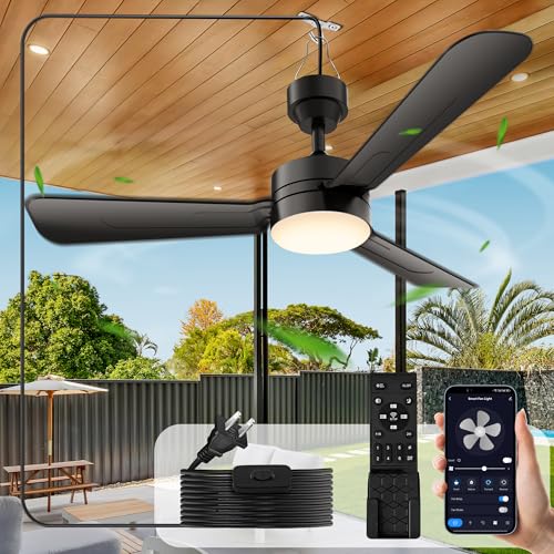 PBLALA Ceiling Fans with Lights,36" LED Fan Light Hanging with Hook,Hook Type Ceiling Fan,Plug in Ceiling Fan Light,40W,3000-6500k,Remote Control,Portable Fan for Camping Bed,Patios,(Black)
