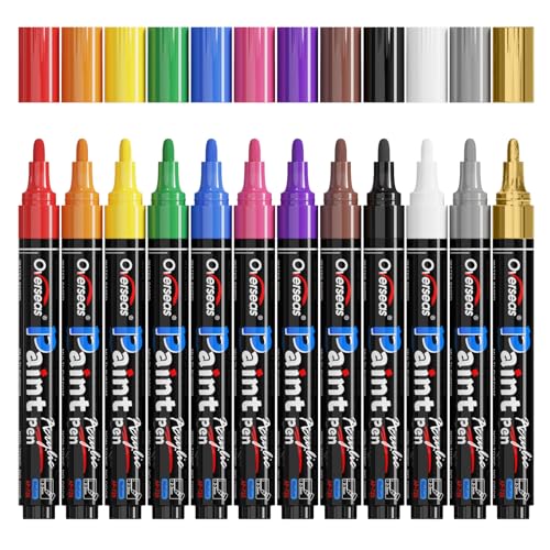 Paint Marker Pens - 12 Colors Permanent Acrylic Markers, Medium Tip, Water Based, Quick Dry, Waterproof Paint Pen Set for Rock, Wood, Plastic, Metal, Canvas, Glass, Fabric, Mug, Stone