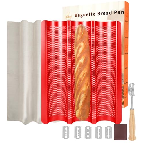 Barlket Baguette Bread Pan Set, French Bread Baking Pan Nonstick with Dough Couche & Cutter, 3-Wave Perforated Baguette Tray Red, 15x11 Inch, Thick Carbon Steel, Oven Safe for Home & Professional Use