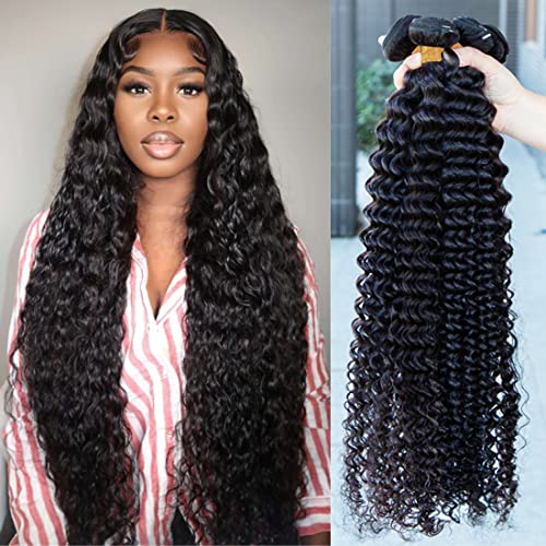 Beaufox Hair Deep Wave Human Hair Bundles 24 26 28 30 Inch 100% Unprocessed Brazilian Virgin Remy Hair Deep Curly 4 Bundles Human Hair Double Weft Weave Natural Color for Black Women