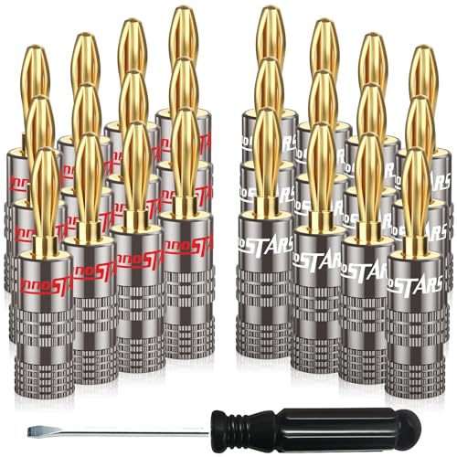 InnoStars Bullet Pin Banana Plugs for Speaker Wire (12 Pairs, 24 Pcs), 4mm Pin Plug Dual Screw Type, 24K Gold Plated Connectors Insulated (Support 12 AWG to 20 AWG Wires), Come with 1Pcs Screwdriver