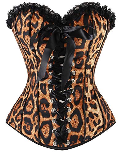 Charmian Women's Strapless Leopard Print Ruffle Trimmed Temptation Overbust Corset Brown XX-Large