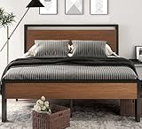 SHA CERLIN 14 Inch Queen Size Metal Platform Bed Frame with Wooden Headboard and Footboard, Mattress Foundation, No Box Spring Needed, Large Under Bed Storage, Non-Slip Without Noise, Walnut