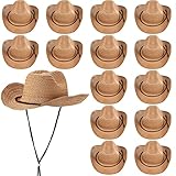 JaGely 15 Pcs Straw Cowboy Hats Wide Brim Summer Hat Women Men Country Accessories for Western Themed Party Concerts Birthday(Brown)