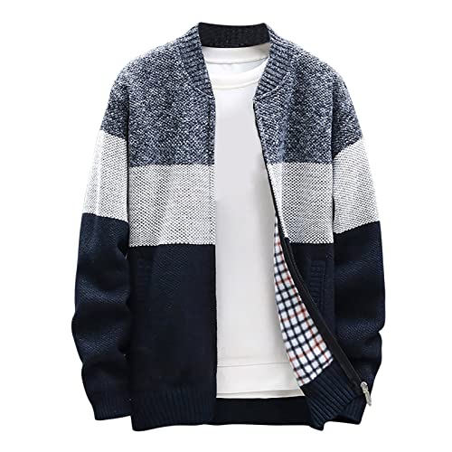 Muscularfit Men's Cardigan Sweaters Big and Tall Long Sleeve Sweaters Fashion Color Block Fleece Lined Jackets Winter Coats Prime of Day Deals Today 2024 Men Mens Fall Fashion Navy L