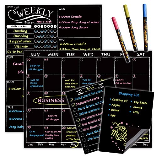Magnetic Chalkboard Monthly Calendar - Weekly Planner Blackboard Combo Set w/Neon Bright Liquid Chalk Markers - Bonus Grocery List and Notepad Blackboard for Refrigerator Included
